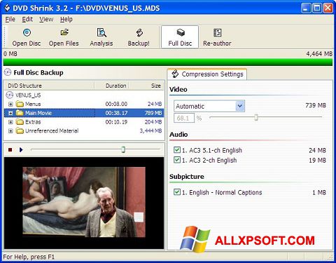 Posnetek zaslona DVD Shrink Windows XP