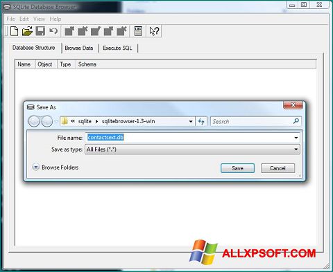 Posnetek zaslona SQLite Database Browser Windows XP