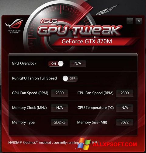 Posnetek zaslona ASUS GPU Tweak Windows XP