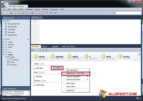 Posnetek zaslona MySQL Workbench Windows XP