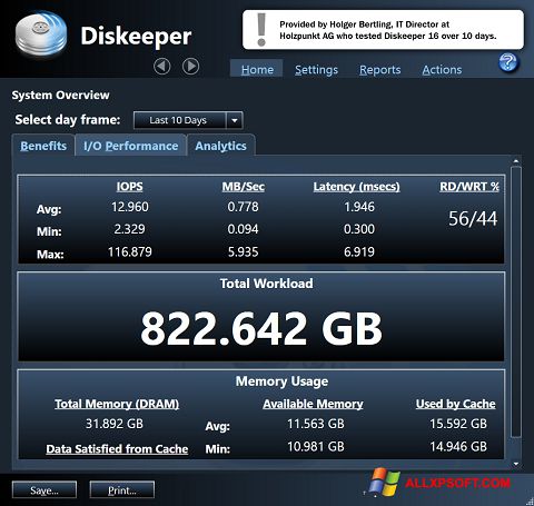 Posnetek zaslona Diskeeper Windows XP