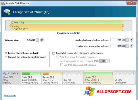 Posnetek zaslona Acronis Disk Director Windows XP