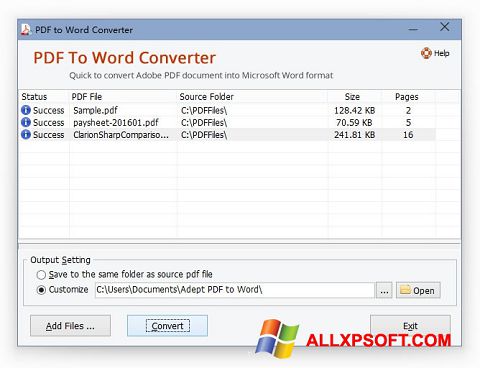 Posnetek zaslona PDF to Word Converter Windows XP