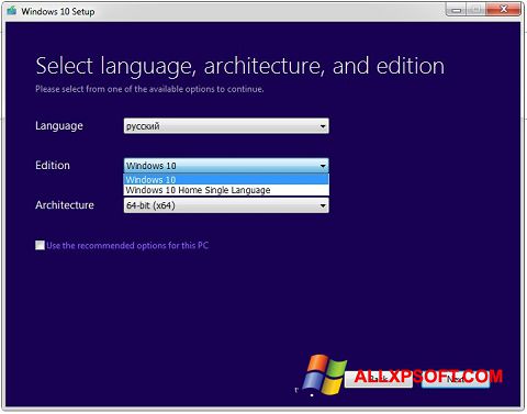 Posnetek zaslona Media Creation Tool Windows XP