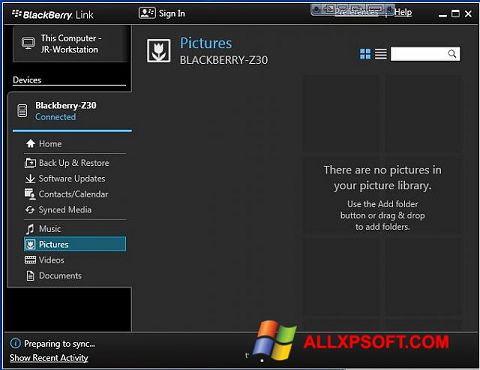 Posnetek zaslona BlackBerry Link Windows XP