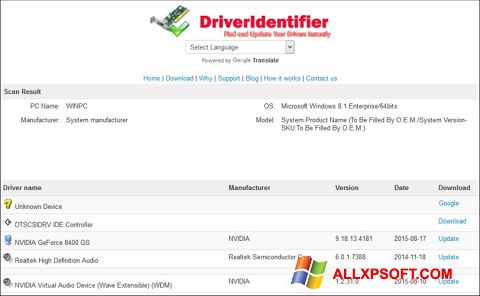 Posnetek zaslona Driver Identifier Windows XP
