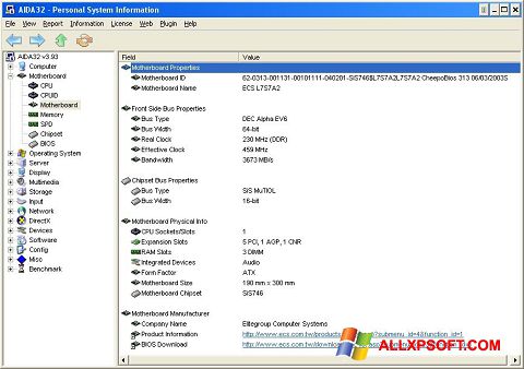 Posnetek zaslona AIDA32 Windows XP
