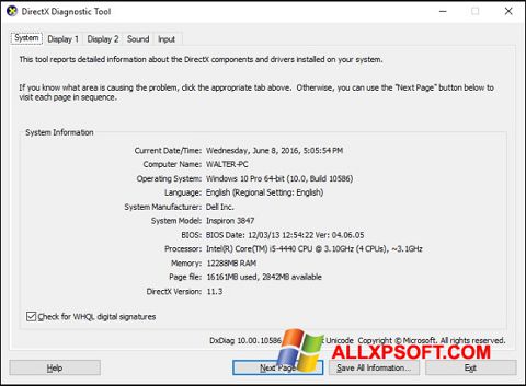 Posnetek zaslona DirectX Windows XP