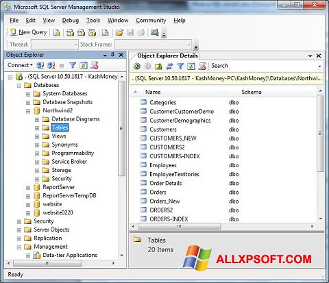 Posnetek zaslona Microsoft SQL Server Windows XP