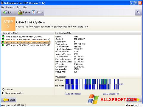Posnetek zaslona GetDataBack Windows XP