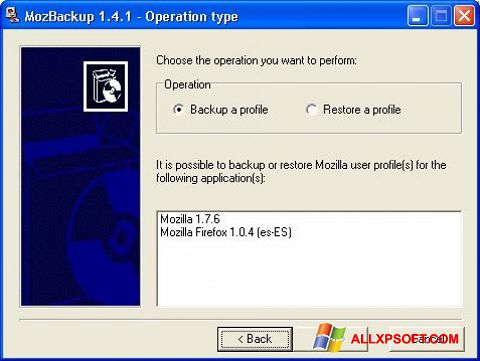 Posnetek zaslona MozBackup Windows XP