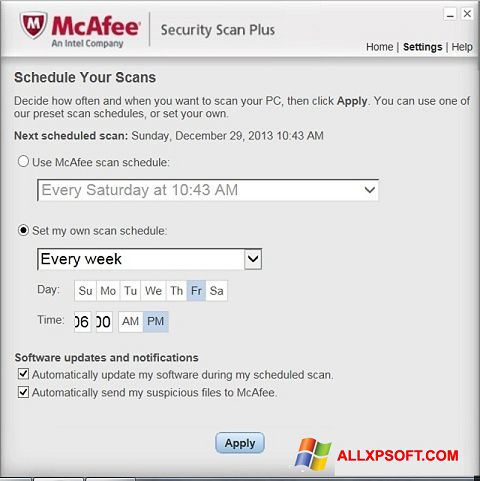 Posnetek zaslona McAfee Security Scan Plus Windows XP