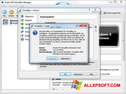 Posnetek zaslona Oracle VM VirtualBox Extension Pack Windows XP
