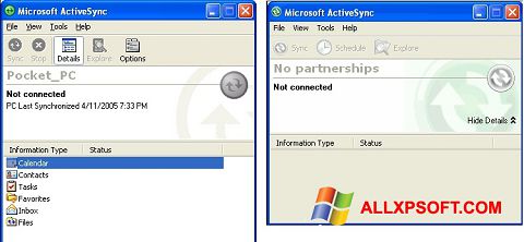 Posnetek zaslona Microsoft ActiveSync Windows XP