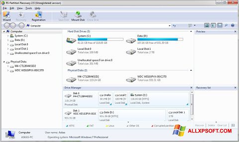 Posnetek zaslona RS Partition Recovery Windows XP