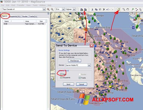 Posnetek zaslona MapSource Windows XP