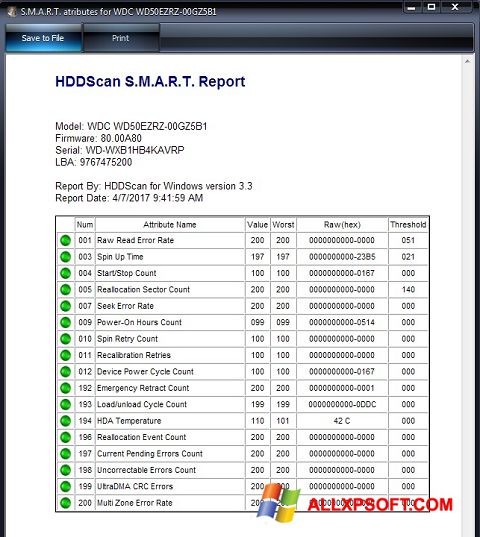 Posnetek zaslona HDDScan Windows XP