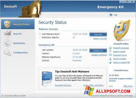 Posnetek zaslona Emsisoft Emergency Kit Windows XP