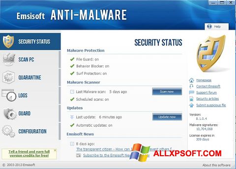 Posnetek zaslona Emsisoft Anti-Malware Windows XP