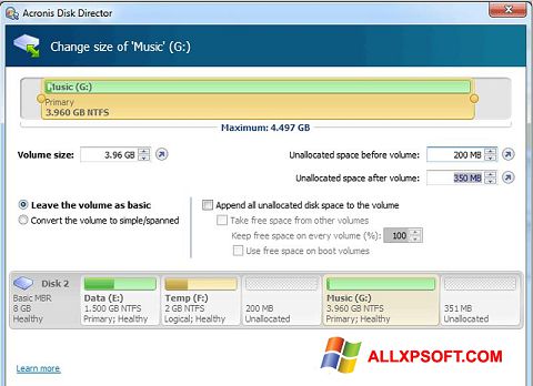 Posnetek zaslona Acronis Disk Director Suite Windows XP
