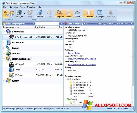 Posnetek zaslona Total Uninstall Windows XP