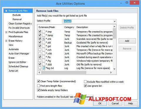 Posnetek zaslona Ace Utilities Windows XP
