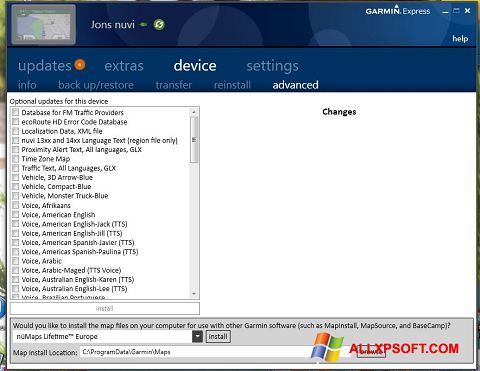 Posnetek zaslona Garmin Express Windows XP