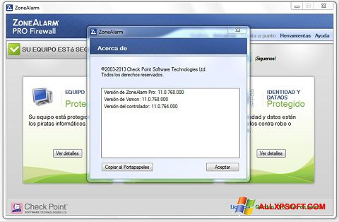 Posnetek zaslona ZoneAlarm Windows XP
