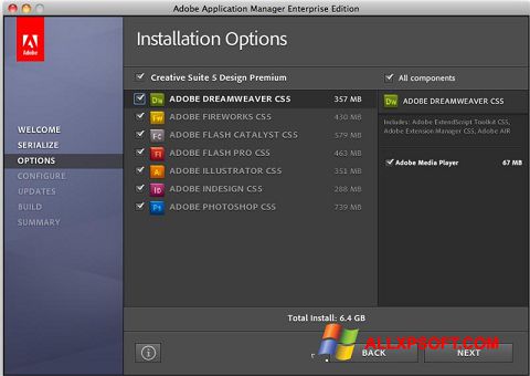 Posnetek zaslona Adobe Application Manager Windows XP