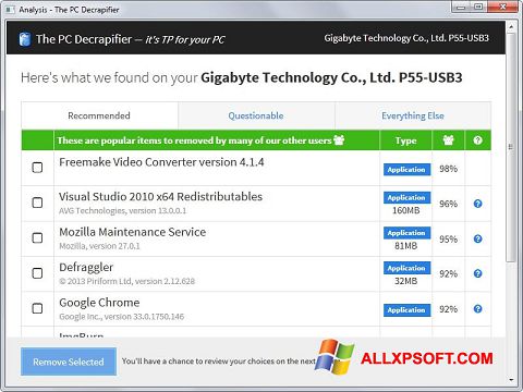 Posnetek zaslona PC Decrapifier Windows XP