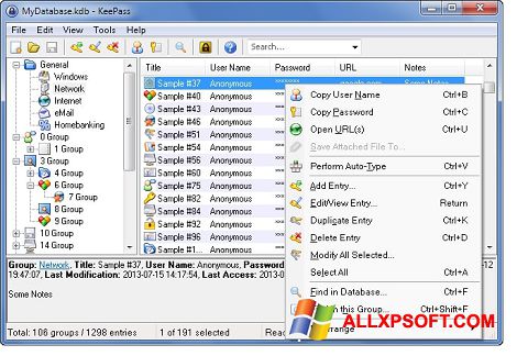 Posnetek zaslona KeePass Windows XP