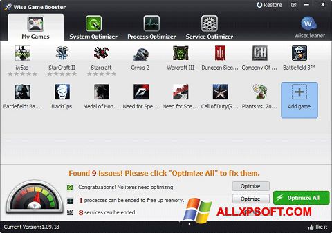 Posnetek zaslona Wise Game Booster Windows XP