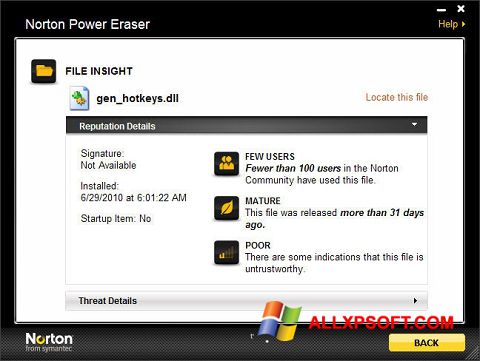 Posnetek zaslona Norton Power Eraser Windows XP