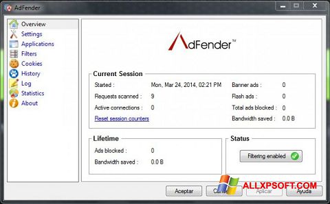 Posnetek zaslona AdFender Windows XP