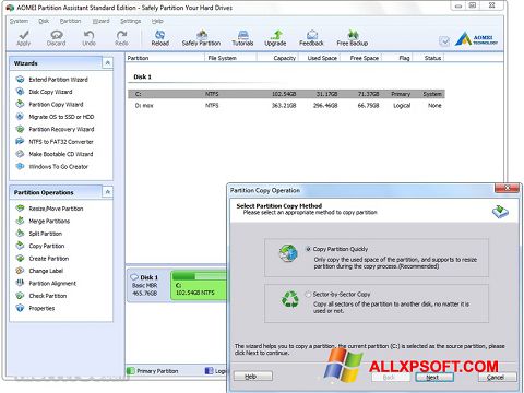Posnetek zaslona AOMEI Partition Assistant Windows XP