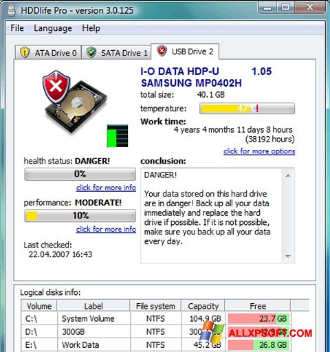 Posnetek zaslona HDDlife Windows XP