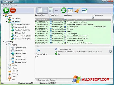 Posnetek zaslona Keylogger Windows XP