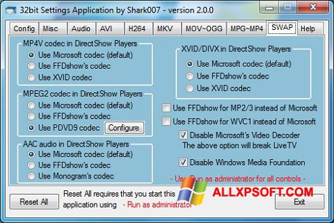 Posnetek zaslona ADVANCED Codecs Windows XP