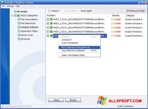 Posnetek zaslona Auslogics Registry Cleaner Windows XP