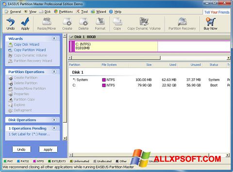 Posnetek zaslona EASEUS Partition Master Windows XP