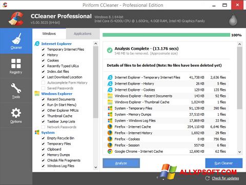 Posnetek zaslona CCleaner Windows XP