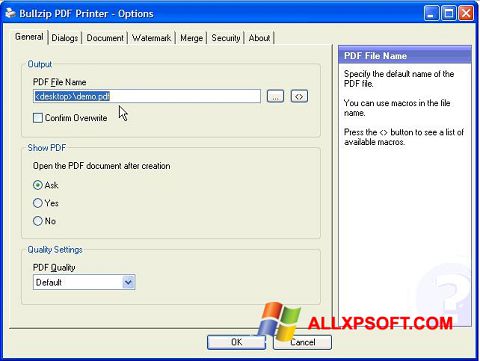 Posnetek zaslona BullZip PDF Printer Windows XP