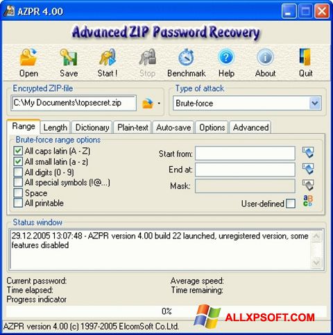 Posnetek zaslona Advanced Archive Password Recovery Windows XP