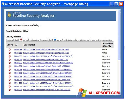 Posnetek zaslona Microsoft Baseline Security Analyzer Windows XP