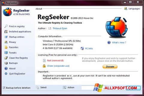 Posnetek zaslona RegSeeker Windows XP