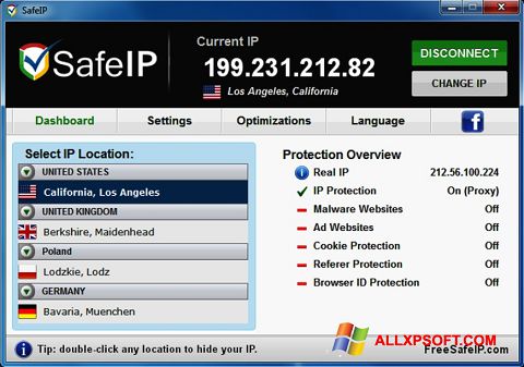 Posnetek zaslona SafeIP Windows XP