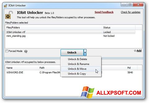 Posnetek zaslona IObit Unlocker Windows XP