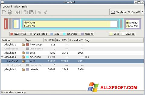 Posnetek zaslona GParted Windows XP