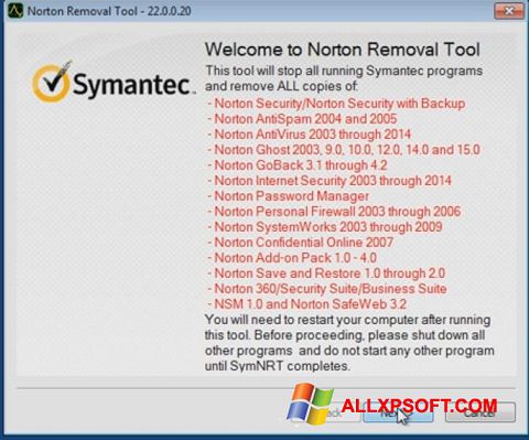 Posnetek zaslona Norton Removal Tool Windows XP