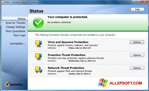 Posnetek zaslona Symantec Endpoint Protection Windows XP